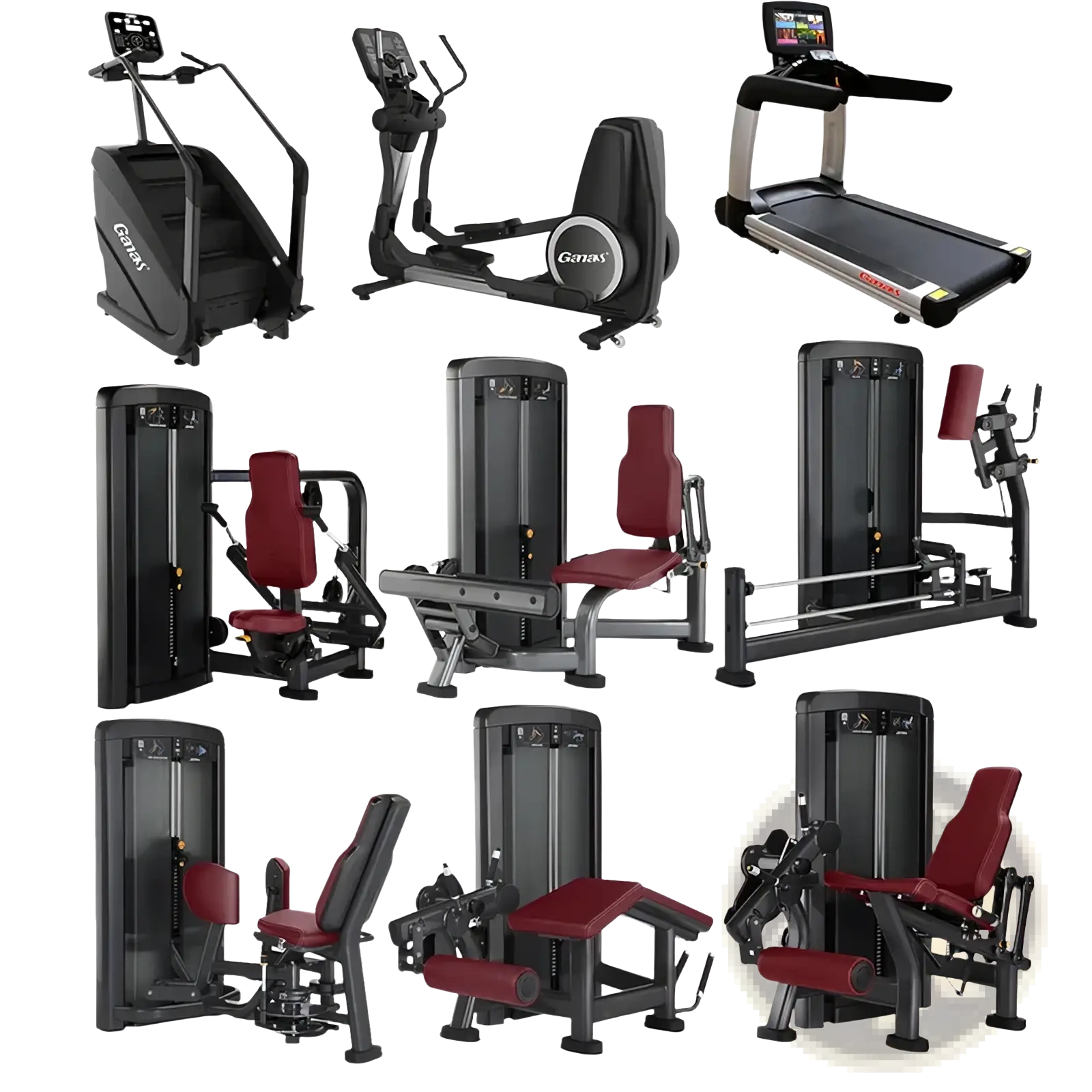 Black and red ganax commercial strength training machine gym equipment featuring treadmills ellipticals stair climbers and weights