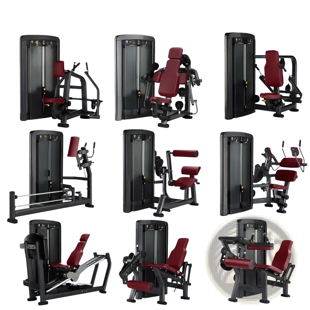 Commercial strength training machine gym equipment with black and red padded seats and adjustable armrests