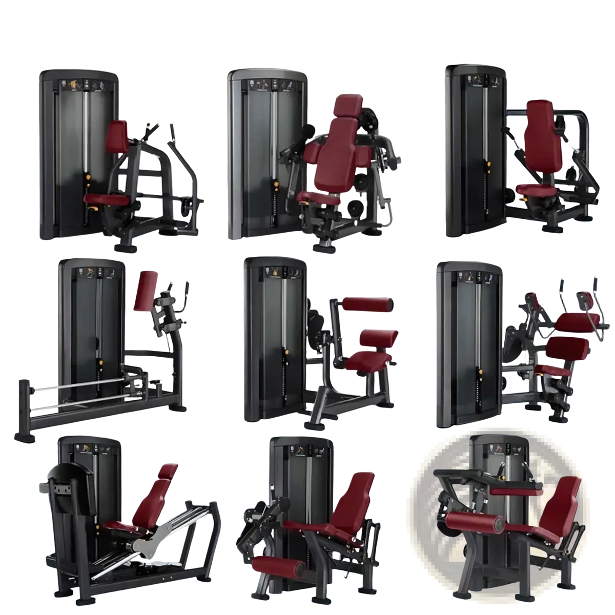 Commercial strength training machine gym equipment with black and red padded seats and adjustable armrests