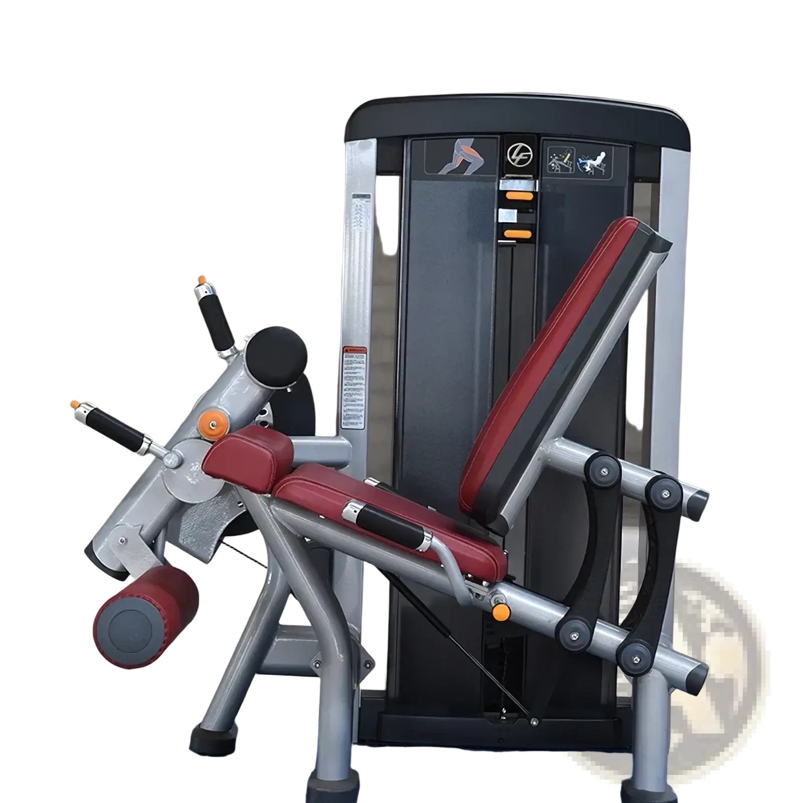 Commercial strength training leg extension machine with red and black padded seat and silver metal frame for gym use
