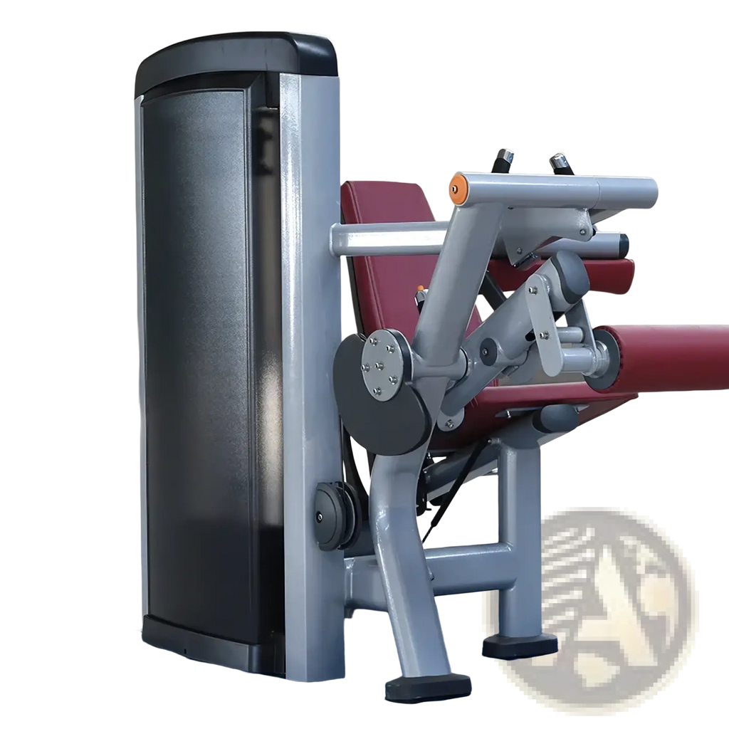 Commercial strength training machine gym equipment silver and black leg press with red padded seat and foot platform