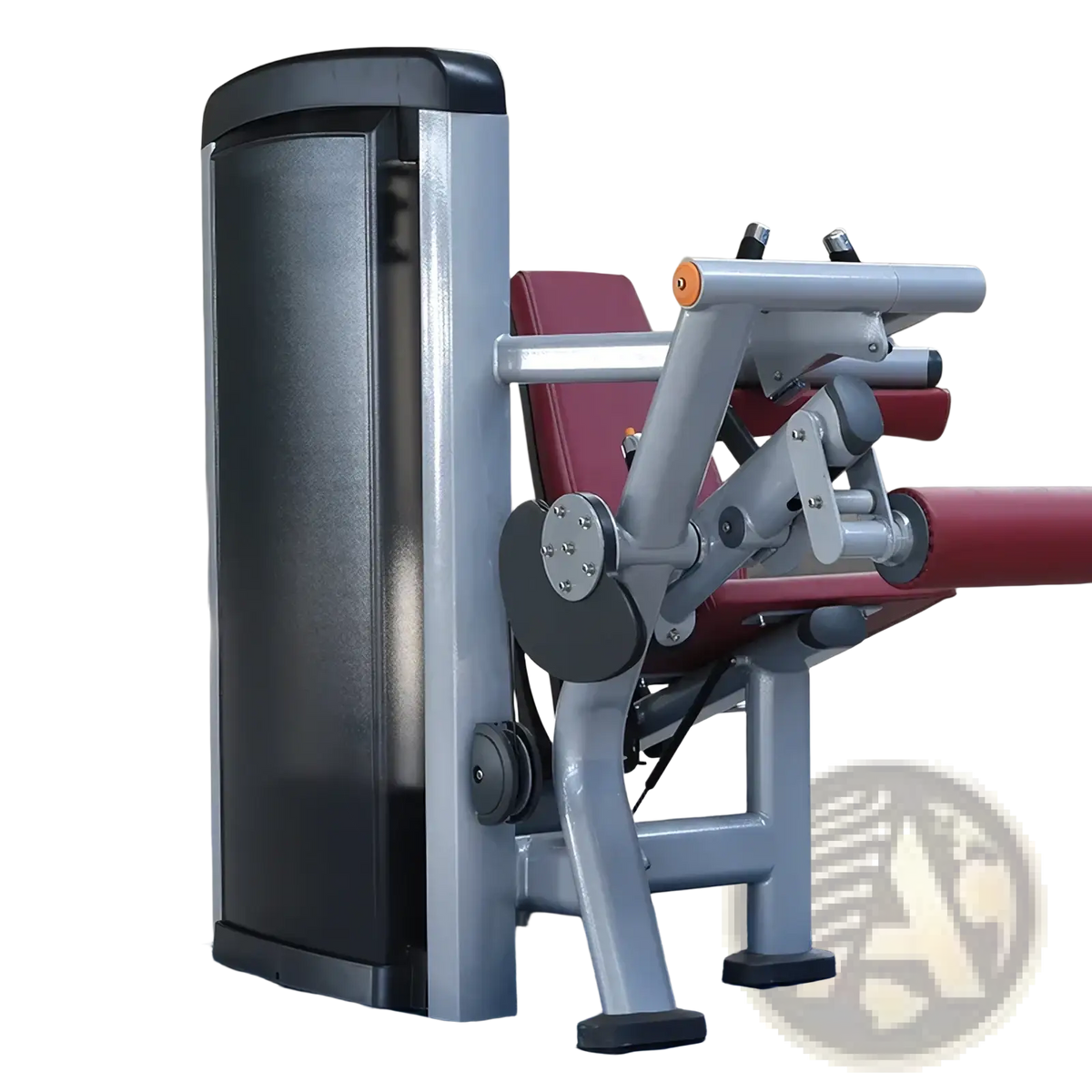 Commercial strength training machine gym equipment silver and black leg press with red padded seat and foot platform