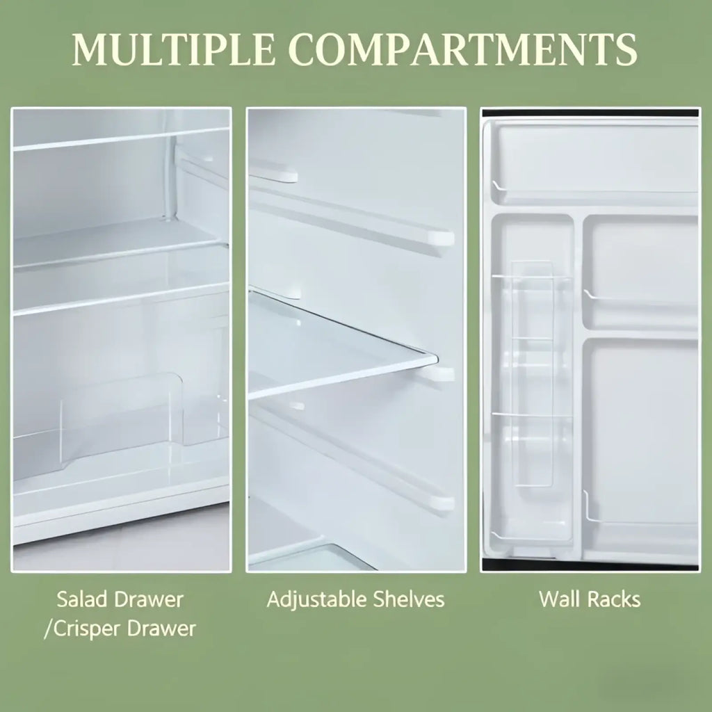 White plastic interior of compact 3.2 cu ft stainless steel mini fridge with adjustable shelves and crisper drawer