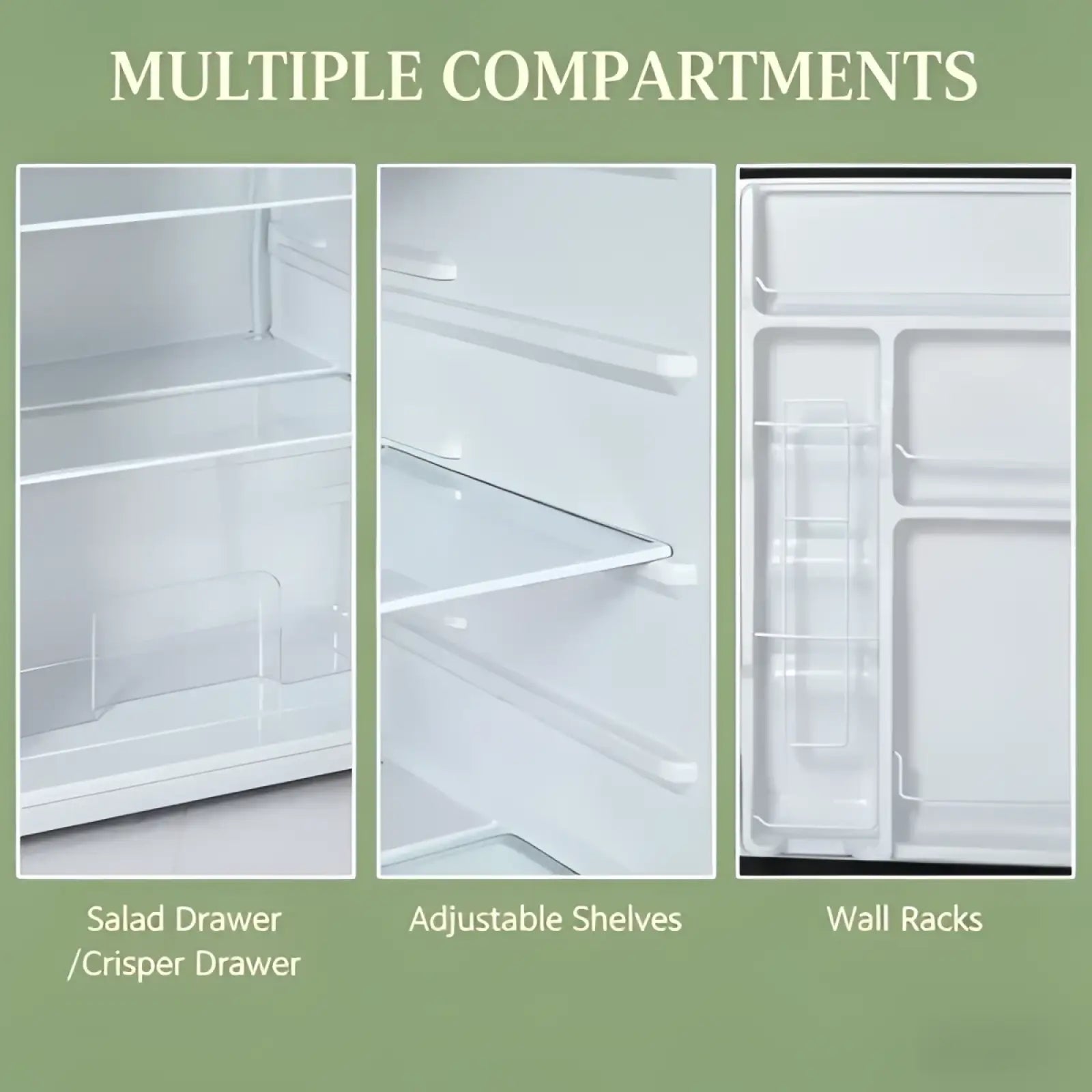 White plastic interior of compact 3.2 cu ft stainless steel mini fridge with adjustable shelves and crisper drawer