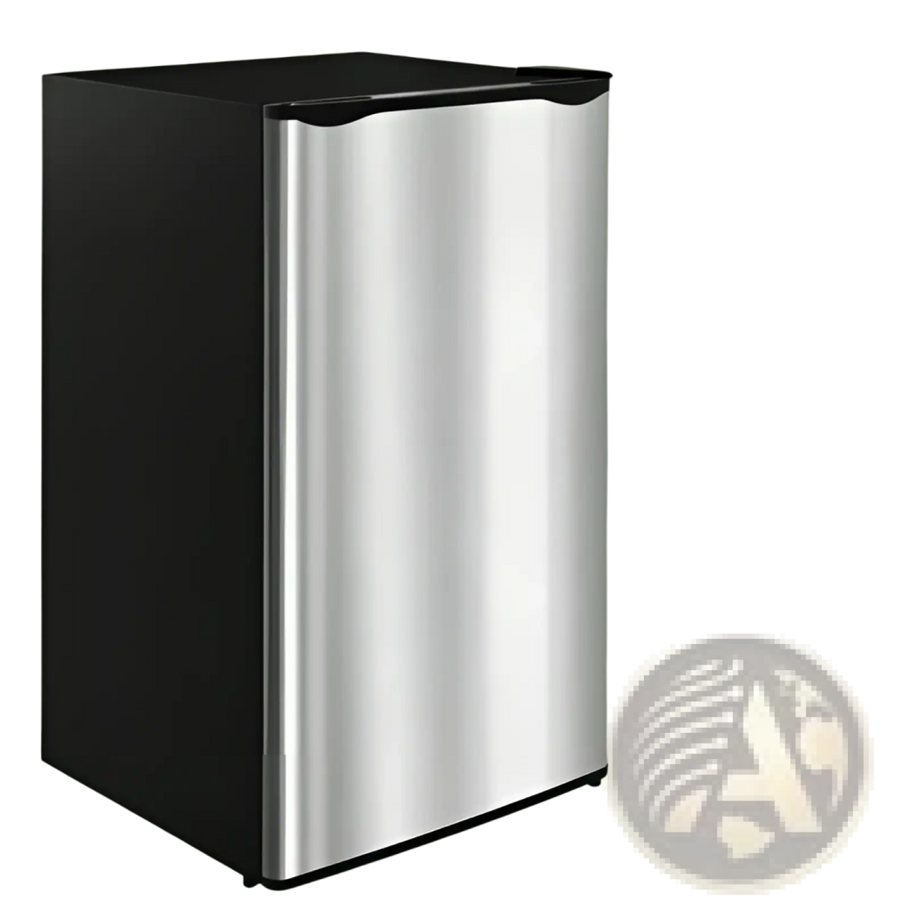 Compact 3.2 cu ft stainless steel mini fridge with freezer featuring a sleek modern black and stainless steel design
