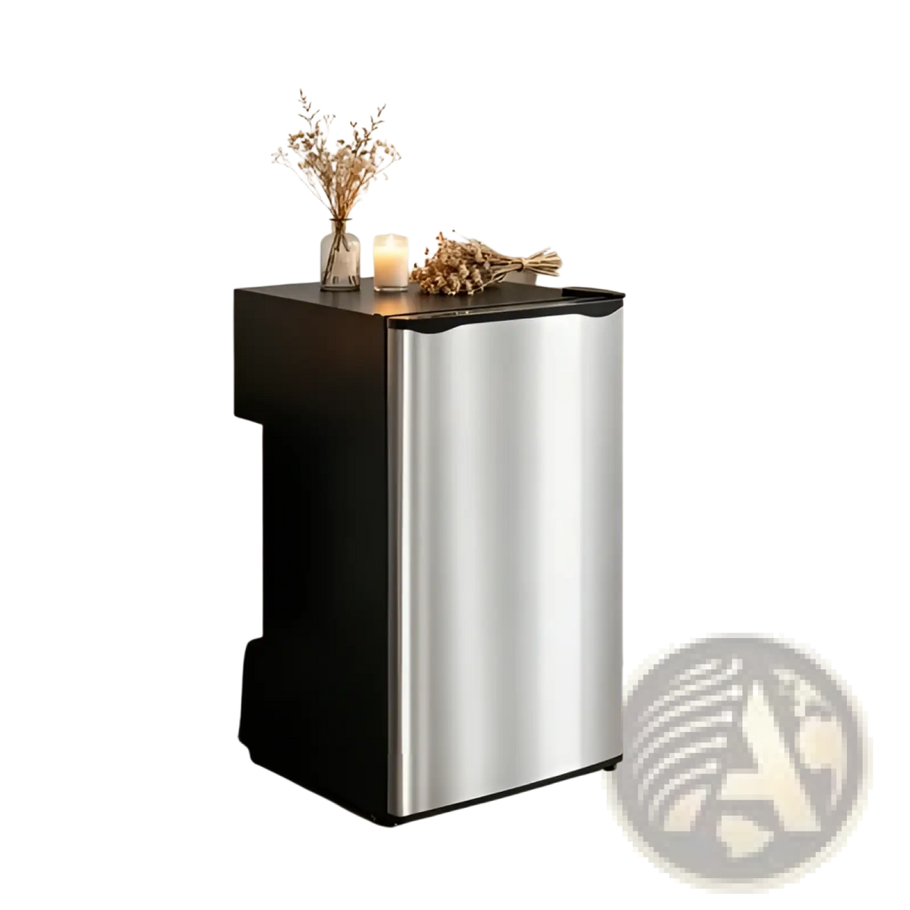 Compact 3.2 cu ft stainless steel mini fridge with freezer featuring a black top and base for small spaces