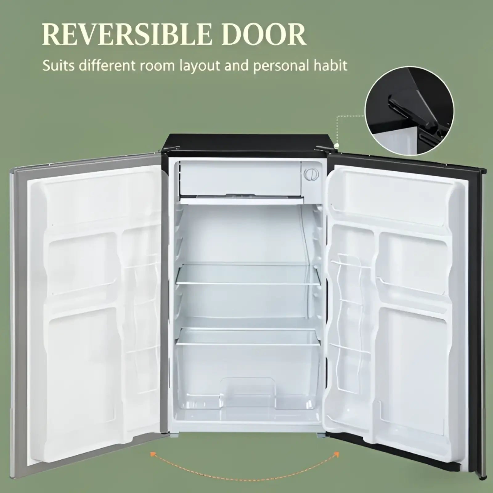 Compact 3.2 cu ft stainless steel mini fridge with freezer featuring black and silver reversible door and clear interior shelves