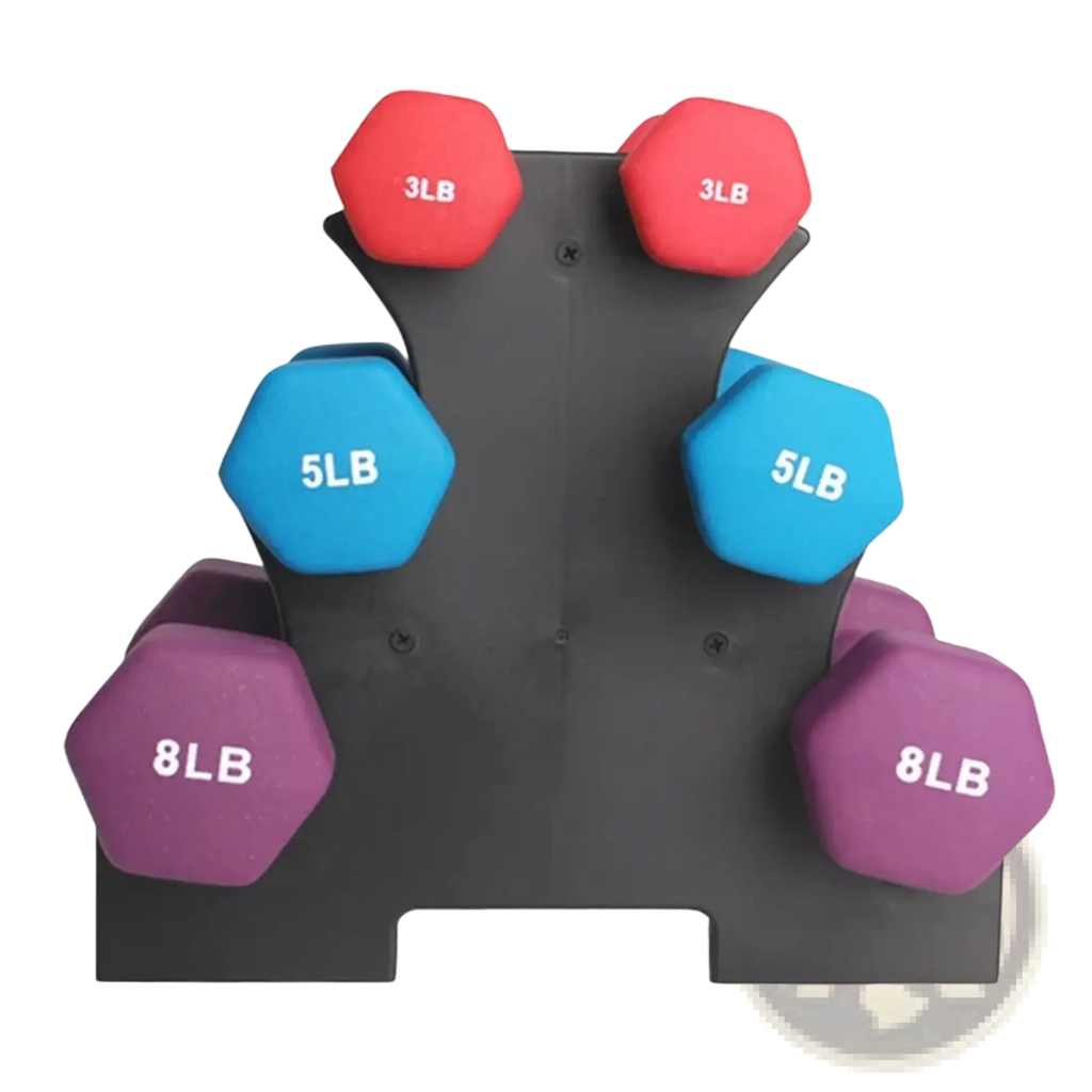 Compact 3-tier dumbbell rack stand in black holding red blue and purple foam-coated weights for organized storage