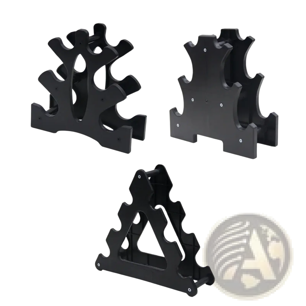 Black plastic compact 3-tier dumbbell rack stand with three distinct triangular designs for organized storage