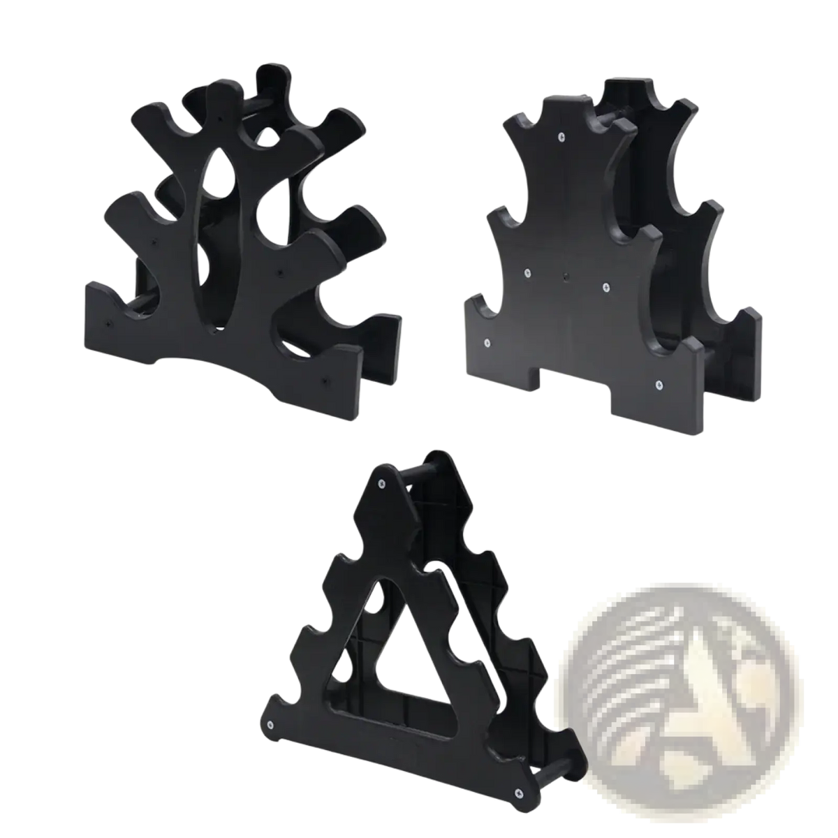 Black plastic compact 3-tier dumbbell rack stand with three distinct triangular designs for organized storage