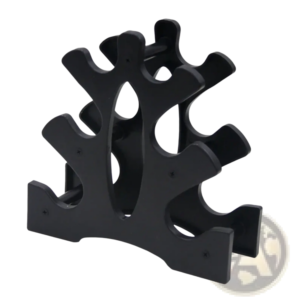 Compact 3-tier black plastic dumbbell rack stand with multiple slots for organized weight storage and easy access