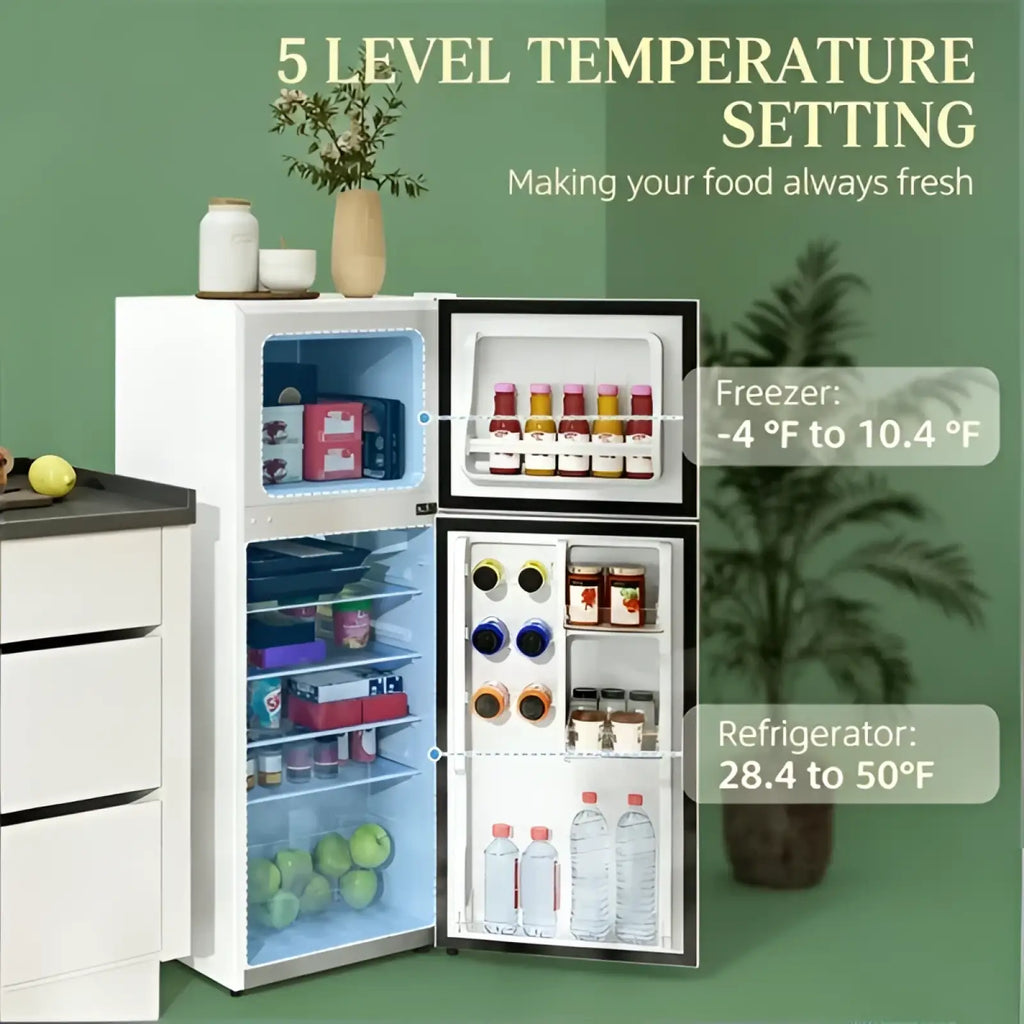Compact 4.0 cu ft white two door mini fridge with black trim interior lighting and five temperature settings for food storage