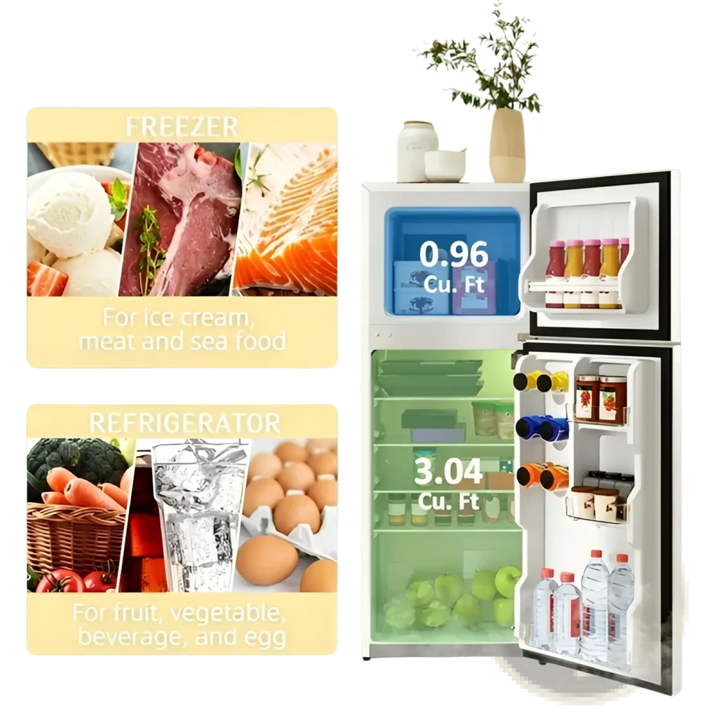 Compact 4.0 cu ft white two door mini fridge with black trim and glass doors displaying organized food and beverages