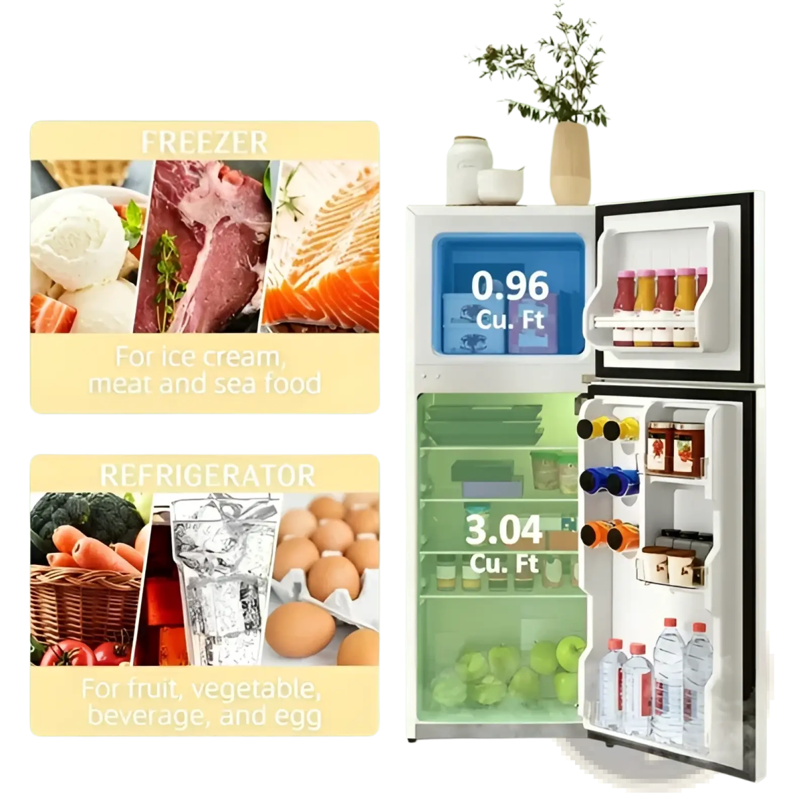 Compact 4.0 cu ft white two door mini fridge with black trim and glass doors displaying organized food and beverages