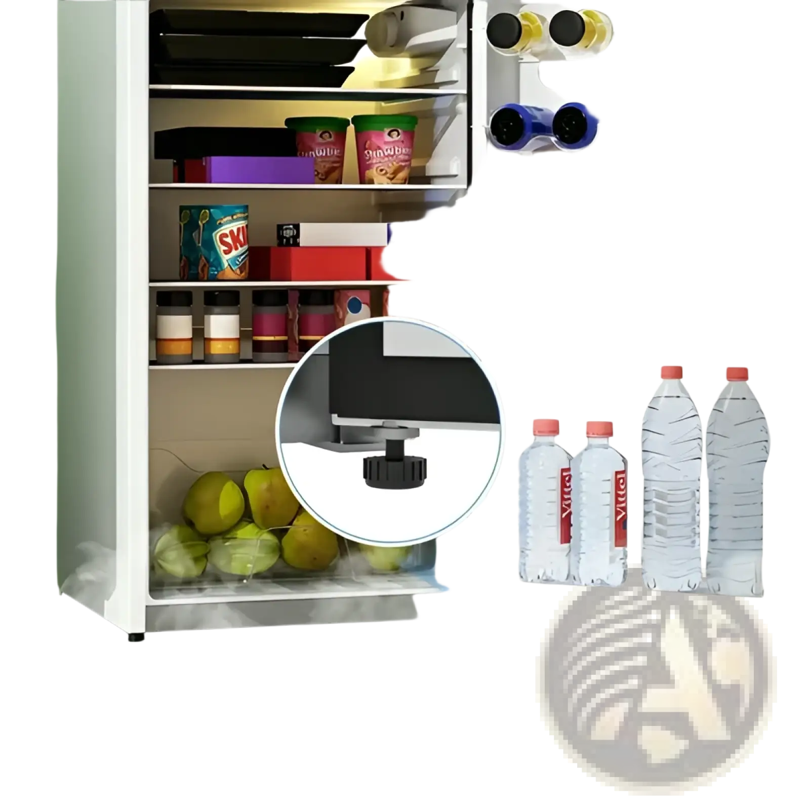 Adjustable black textured leveling foot on the compact 4.0 cu ft two door mini fridge with freezer backside