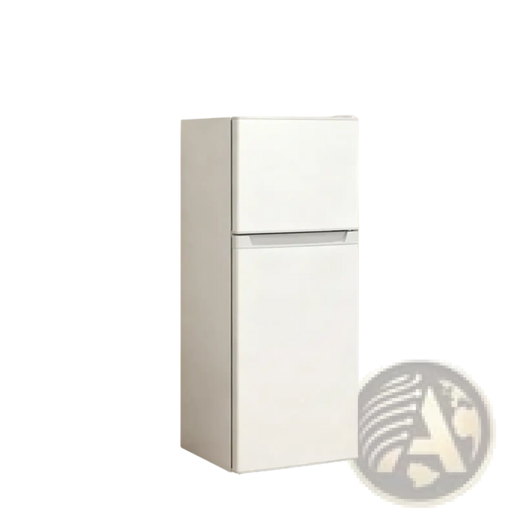 White two-door compact 4.0 cu ft mini fridge with freezer featuring a sleek minimalist design and smooth finish