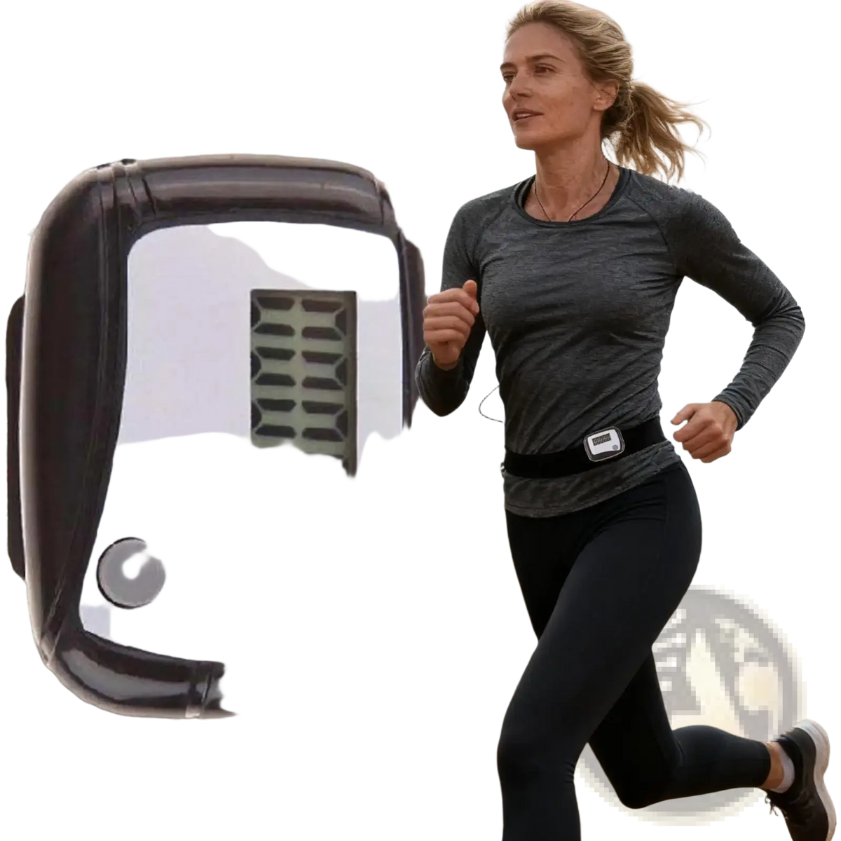 Black and white rectangular compact digital walking pedometer with a digital display and circular button for step counting