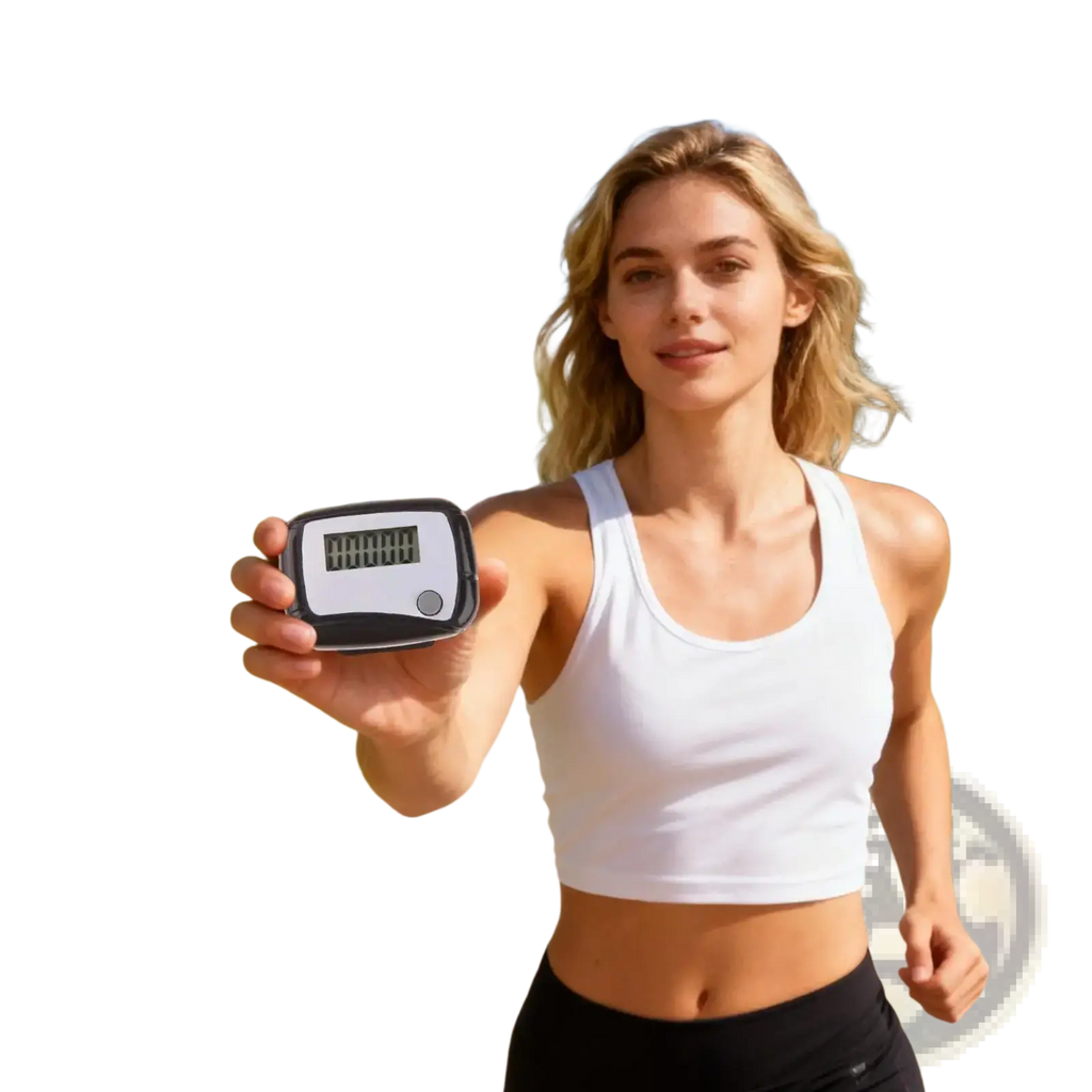 Compact digital walking pedometer and step counter in black and white with a rectangular display screen