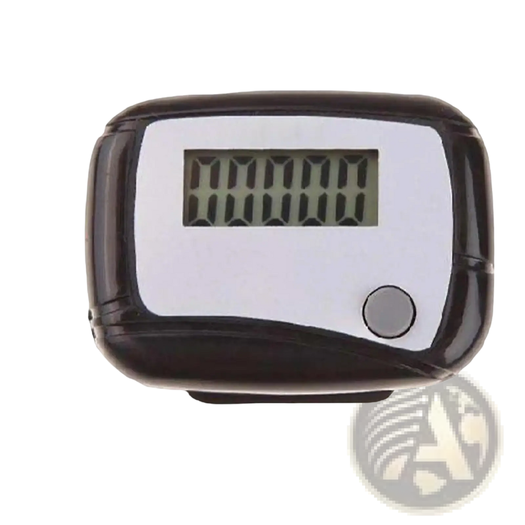 Black and white compact digital walking pedometer with rectangular display screen and circular button for step counting
