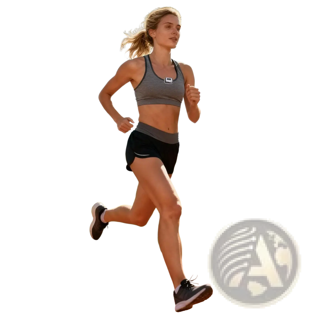 Gray sports bra with small white rectangular logo on chest shown alongside compact digital walking pedometer and step counter