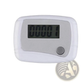 Compact digital walking pedometer and step counter featuring a white plastic body with rectangular screen and single button