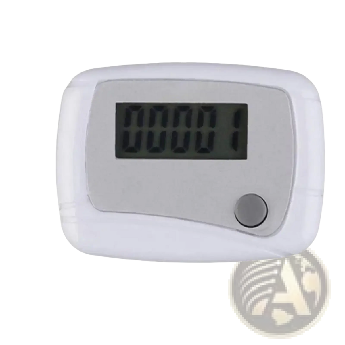 Compact digital walking pedometer and step counter featuring a white plastic body with rectangular screen and single button