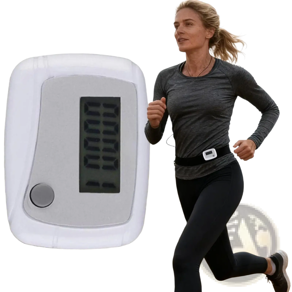 White compact digital walking pedometer with rectangular screen and circular button worn on running attire waistband