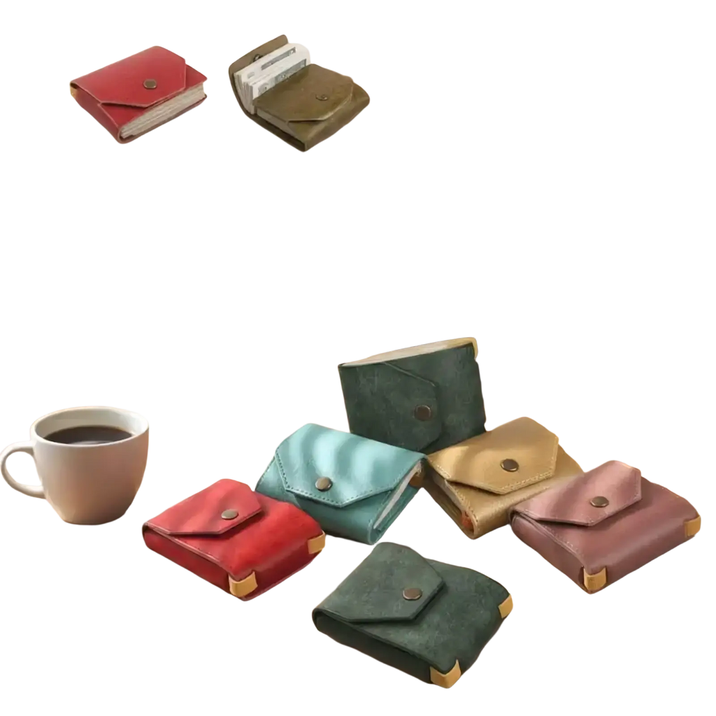 Compact pu leather wallets in red teal beige and pink with gold hardware for quick access card holding