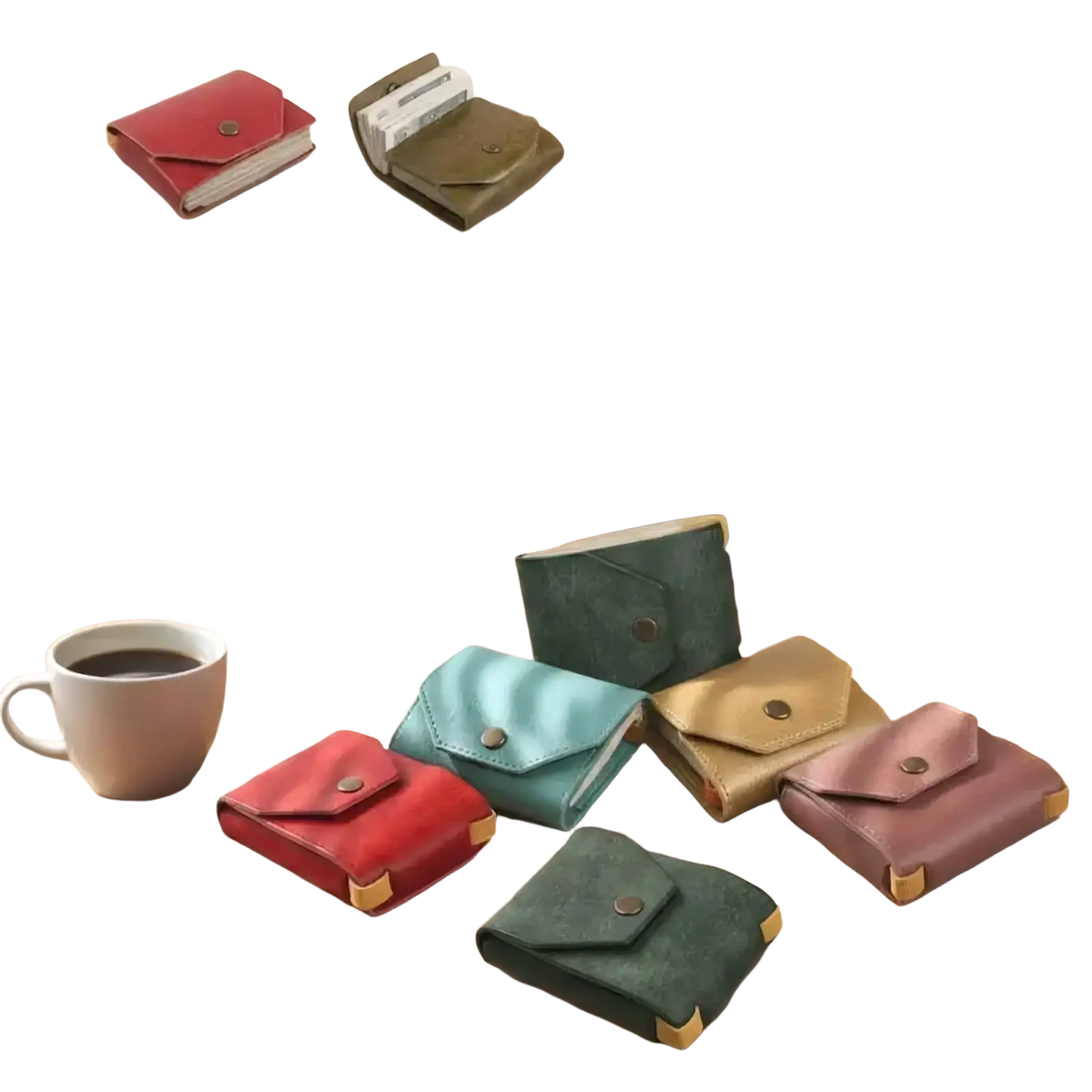 Compact pu leather wallets in red teal beige and pink with gold hardware for quick access card holding
