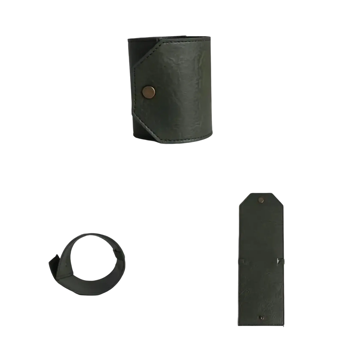Compact dark green pu leather wallet with single brass button closure and visible stitching for quick card access