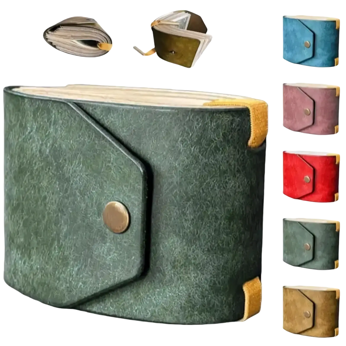 Compact pu leather wallet in dark green with tan stitching and brass button closure for quick access card holding