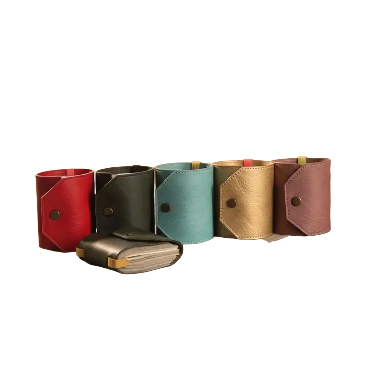 A set of colorful compact PU leather wallet quick access card holders in red black teal gold and mauve with button closures