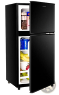 Black two-door anlxis compact refrigerator with sleek modern glass doors for efficient mini fridge use