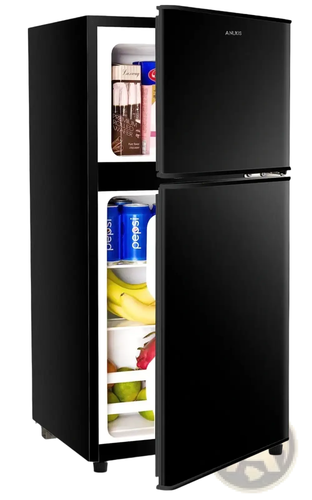 Black two-door anlxis compact refrigerator with sleek modern glass doors for efficient mini fridge use