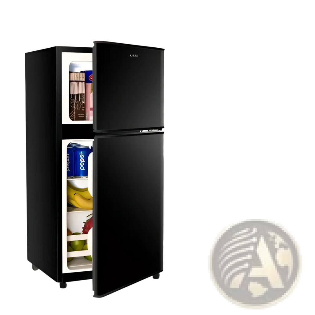Black compact refrigerator with two sleek glass doors featuring a modern design for efficient cooling