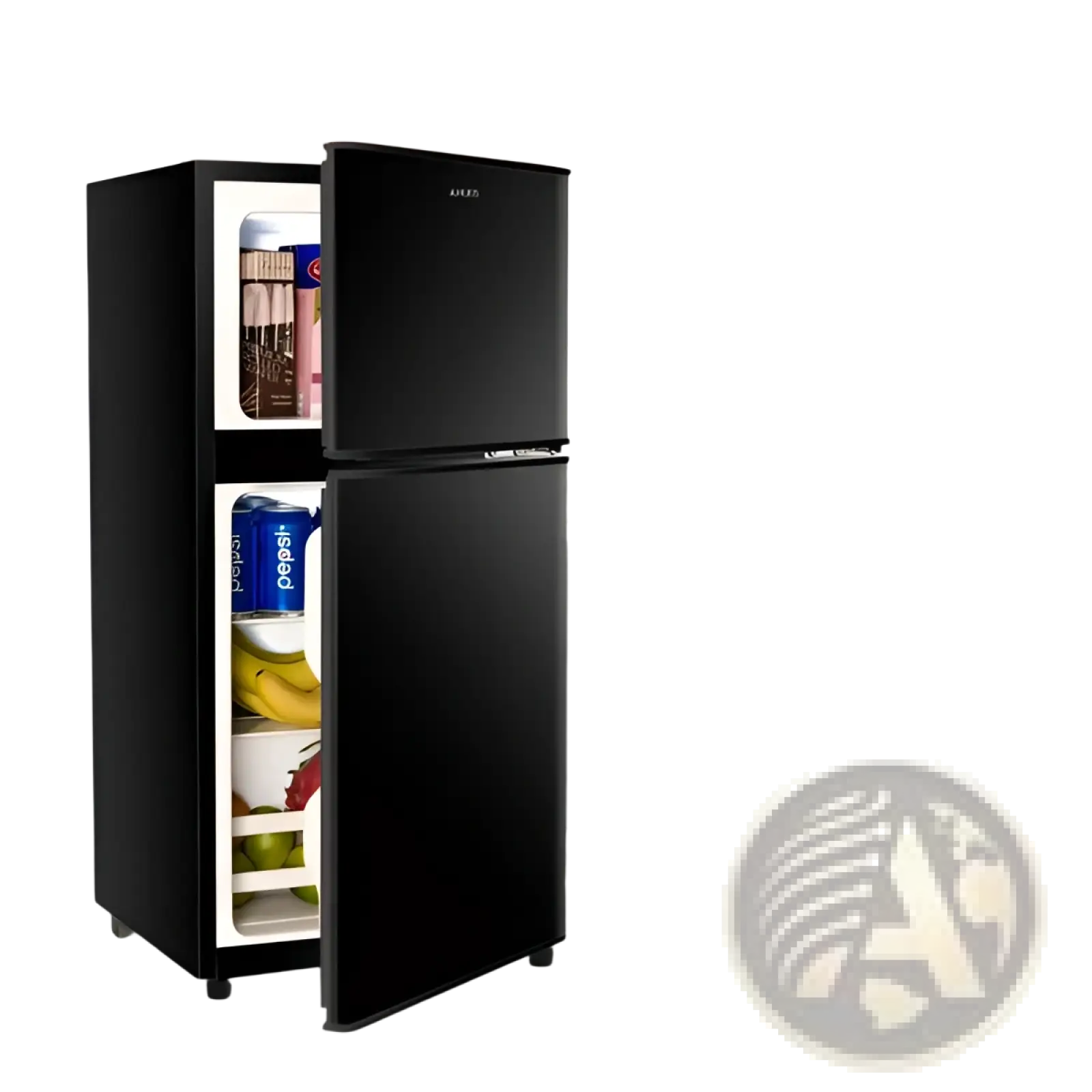 Black compact refrigerator with two sleek glass doors featuring a modern design for efficient cooling