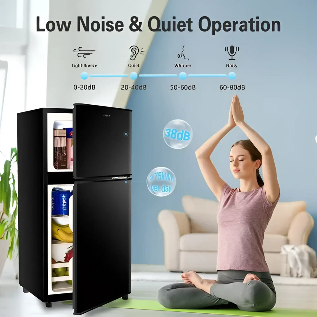 Black two-door compact refrigerator with glass doors showcasing stored items in a sleek modern design