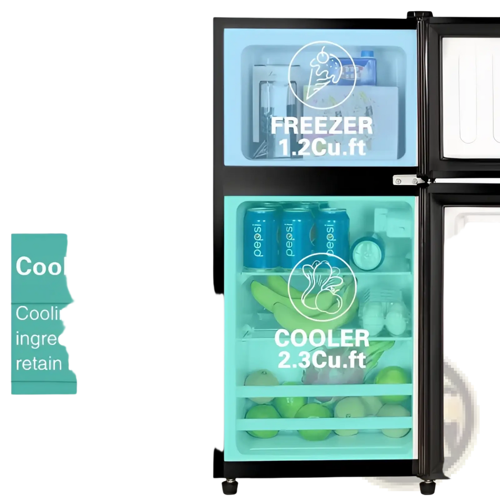 Black two-door compact refrigerator with glass doors showing pepsi cans bananas apples eggs and beer bottles inside