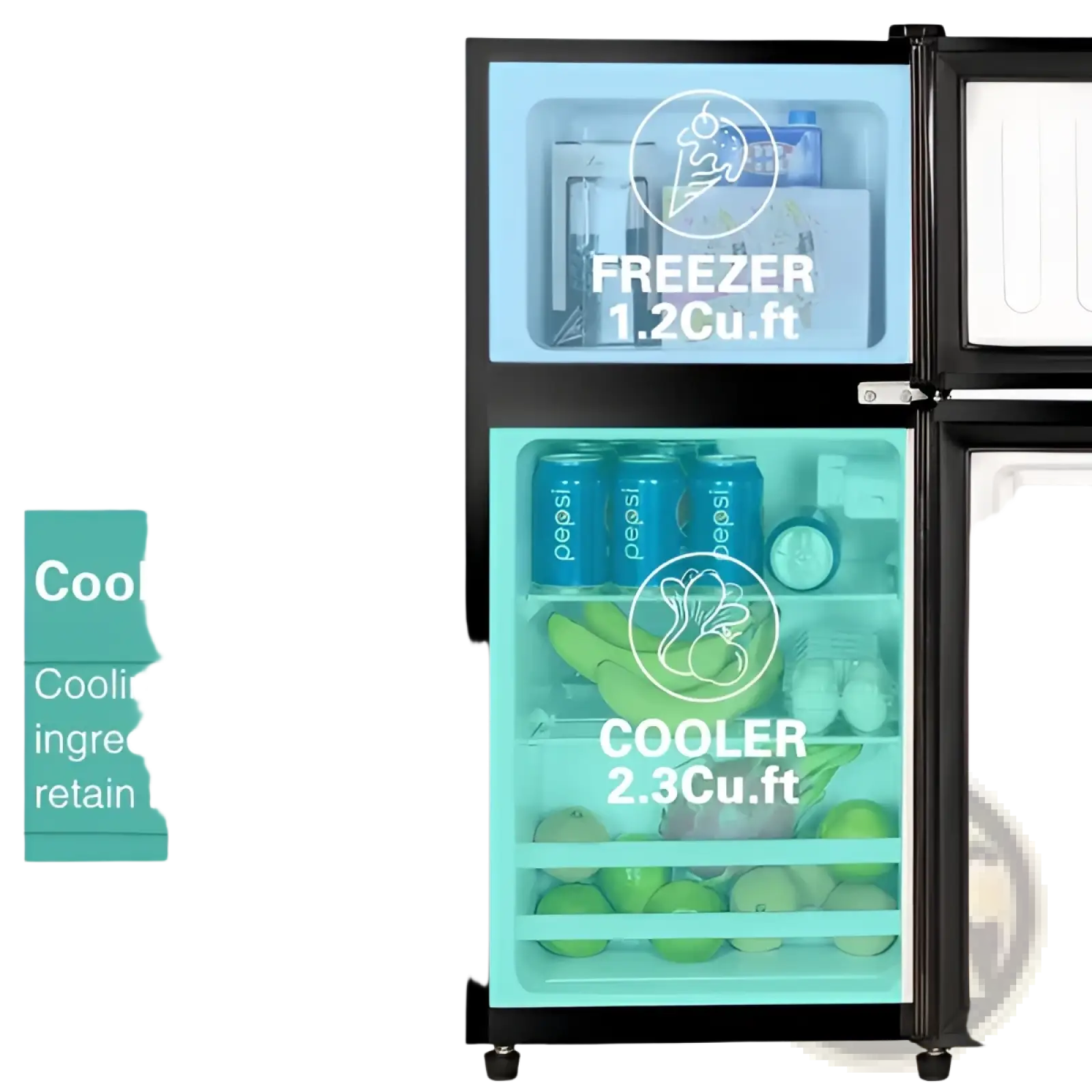 Black two-door compact refrigerator with glass doors showing pepsi cans bananas apples eggs and beer bottles inside
