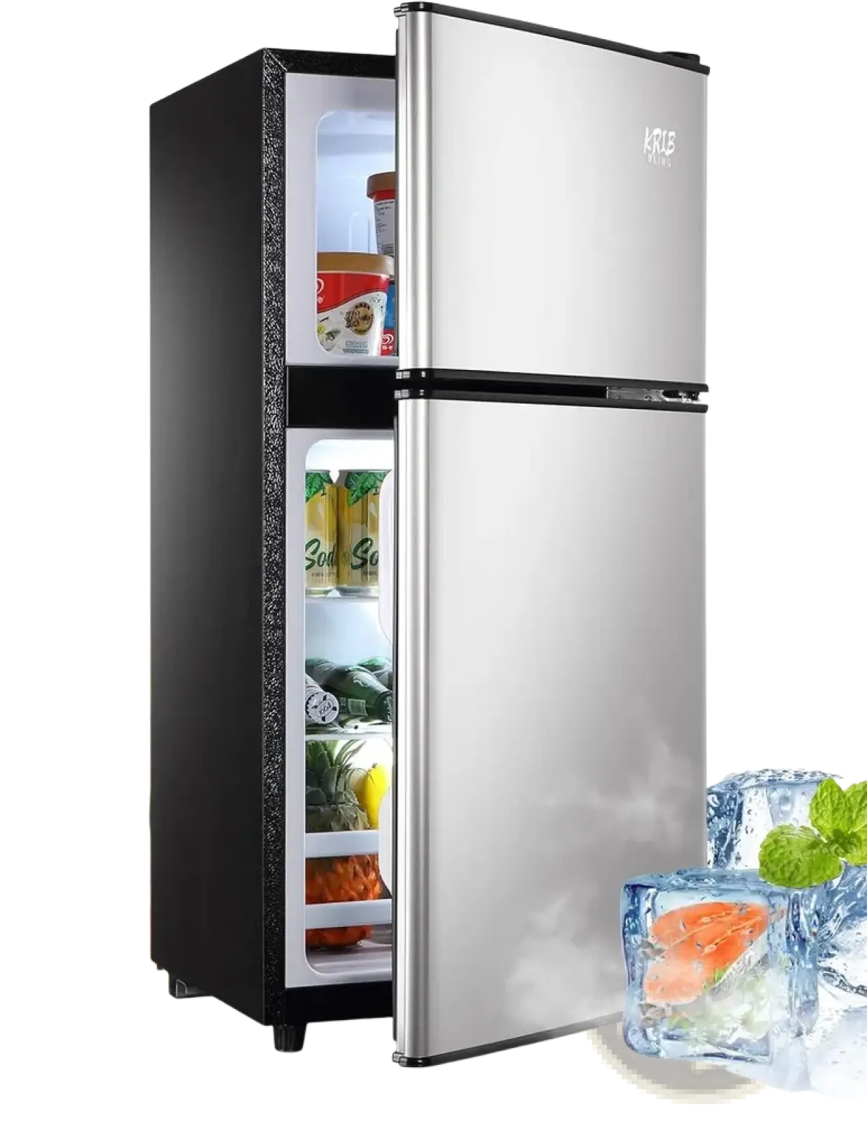 Stainless steel and black compact refrigerator two door mini fridge with glass doors and sleek modern design