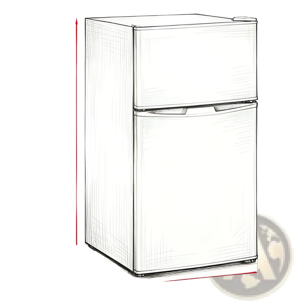 Compact white two door mini fridge with freezer and adjustable shelves measuring 34 by 18 by 19.75 inches