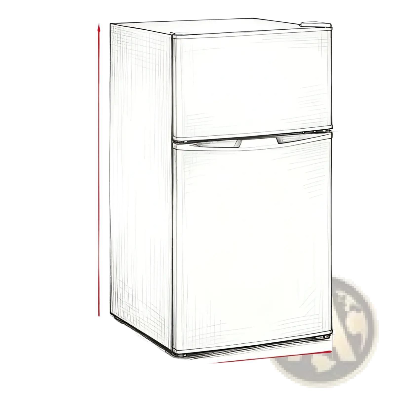 Compact white two door mini fridge with freezer and adjustable shelves measuring 34 by 18 by 19.75 inches