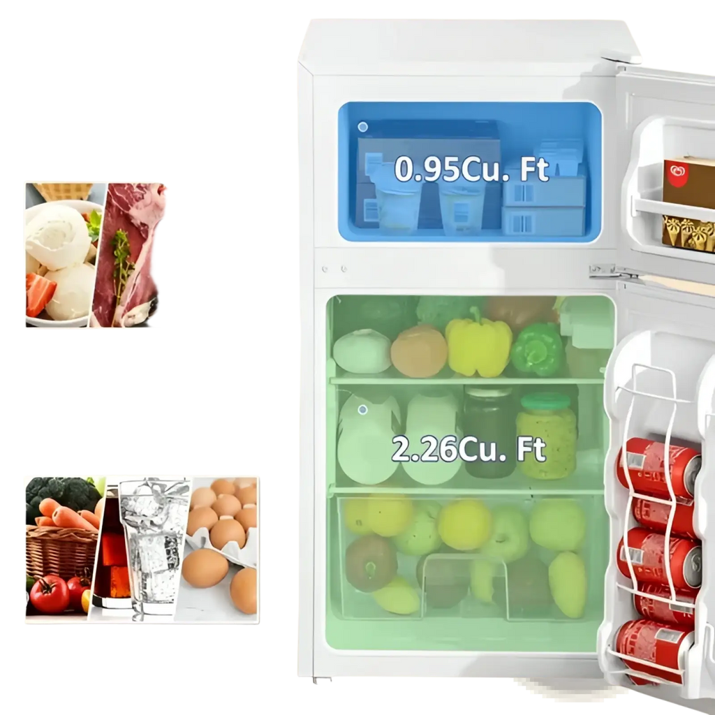 Compact two door white mini fridge with freezer and adjustable shelves featuring clear glass doors and organized compartments