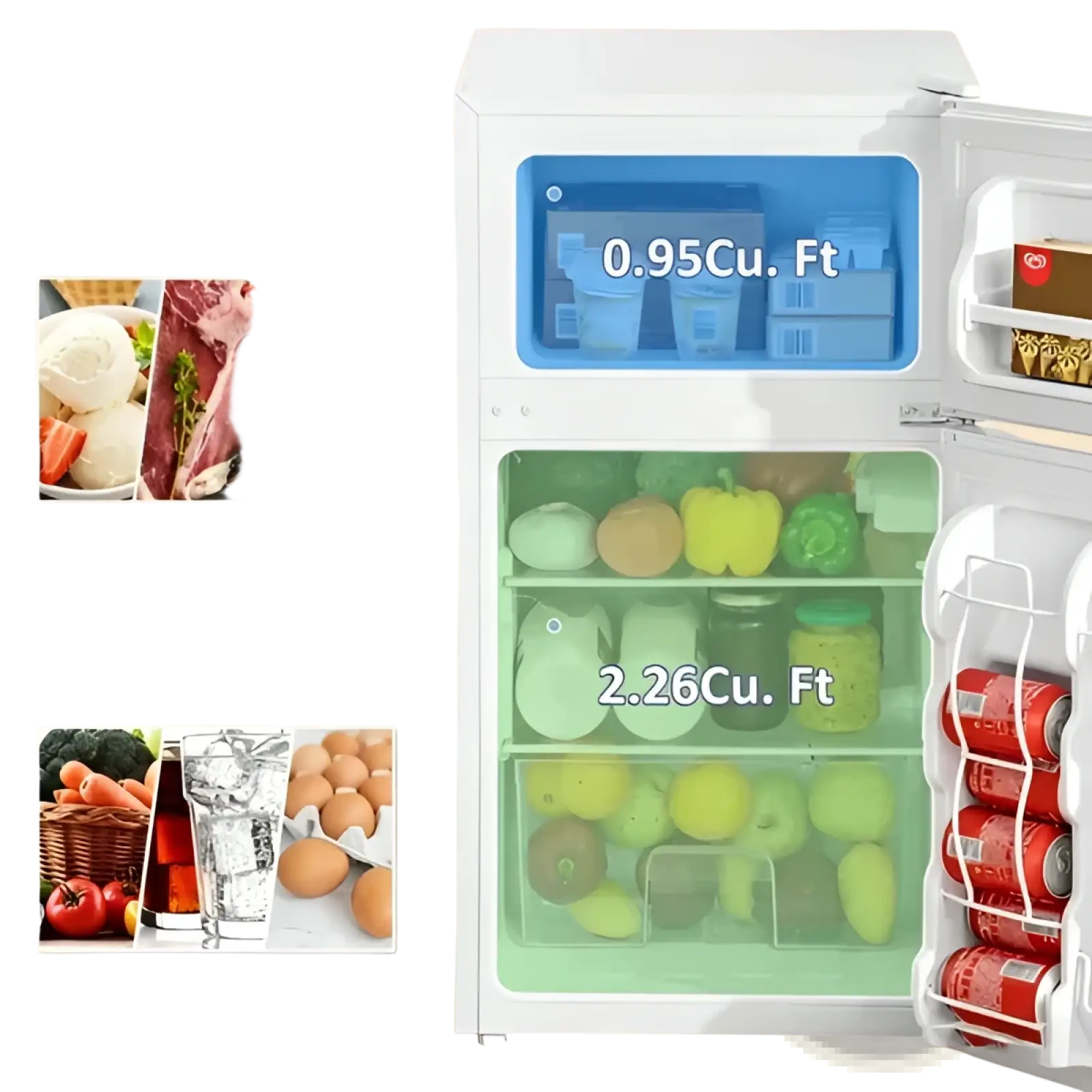 Compact two door white mini fridge with freezer and adjustable shelves featuring clear glass doors and organized compartments