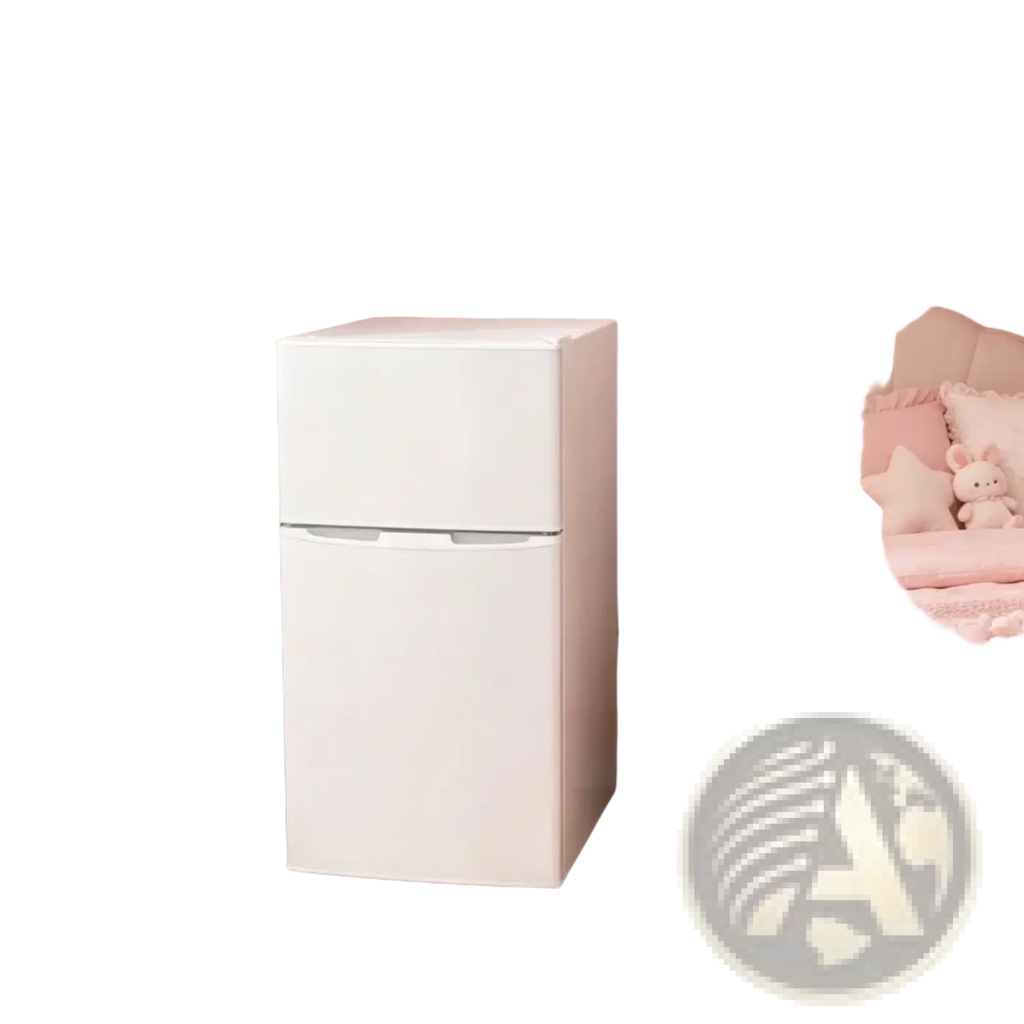 White two-door compact mini fridge with freezer and adjustable shelves featuring a sleek minimalist design