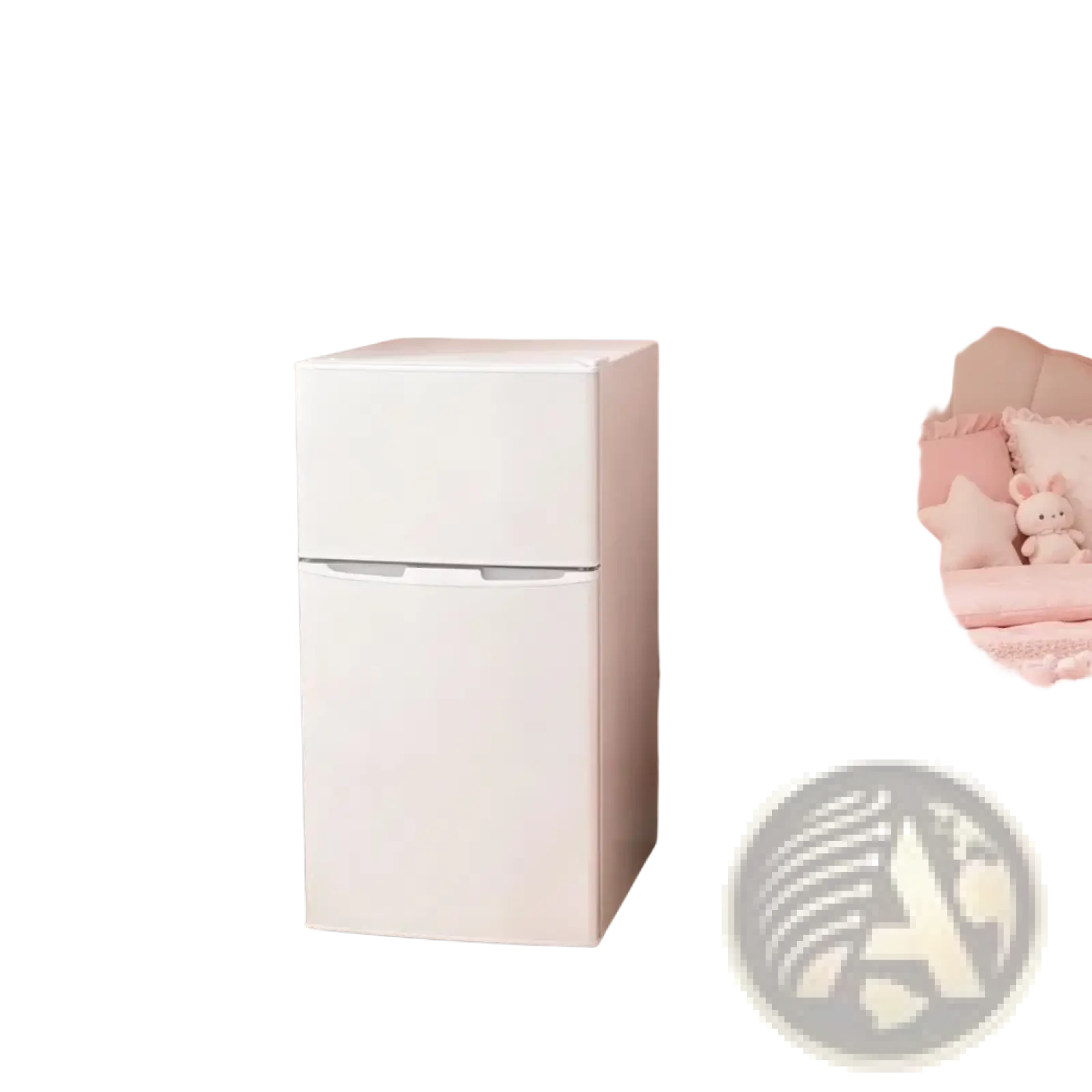 White two-door compact mini fridge with freezer and adjustable shelves featuring a sleek minimalist design