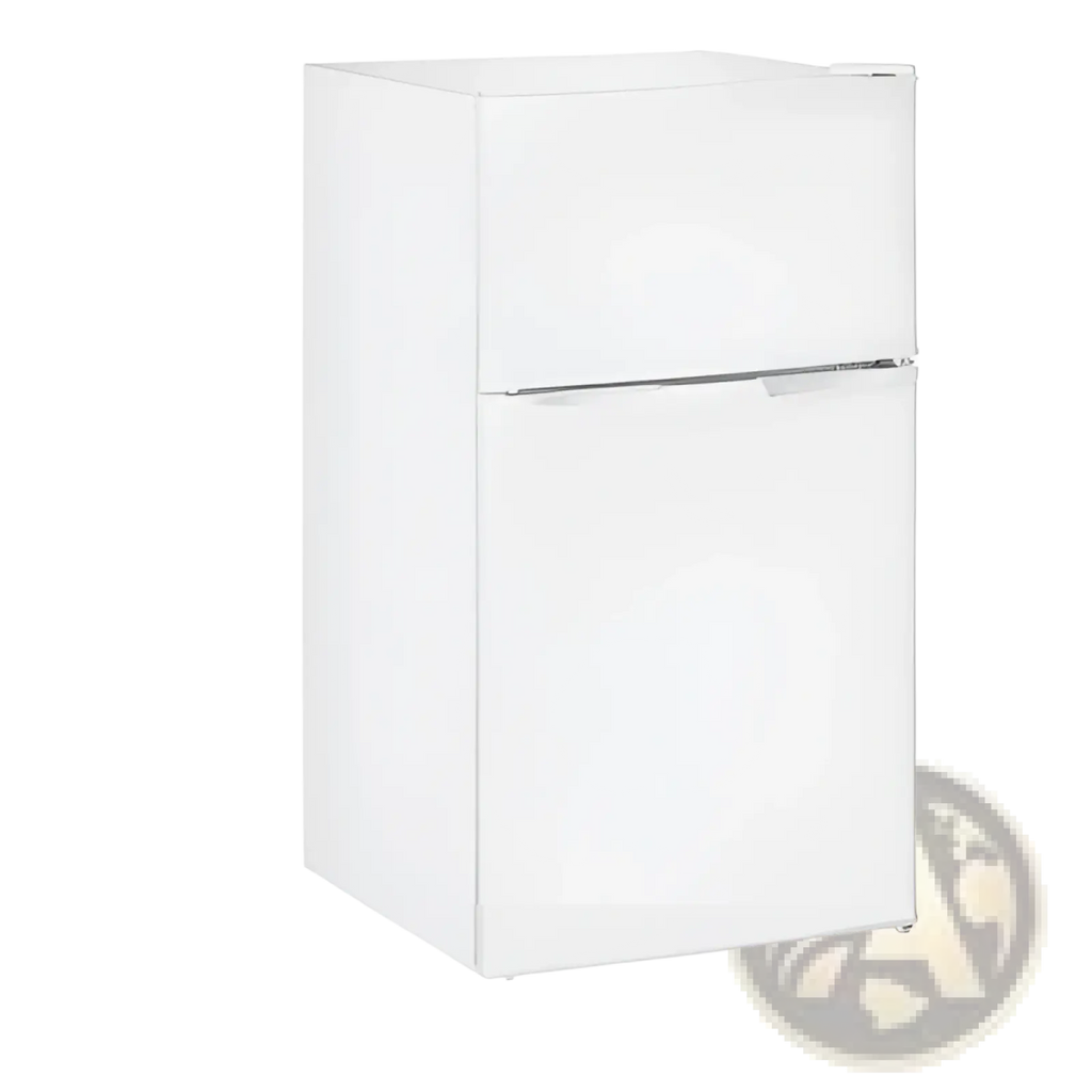 Compact two door mini fridge with freezer in white featuring a sleek minimalist design and silver handle trim