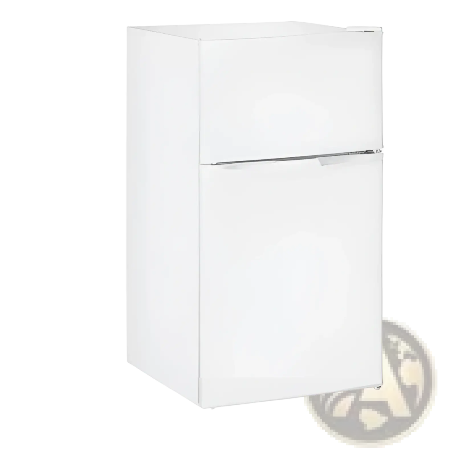 Compact two door mini fridge with freezer in white featuring a sleek minimalist design and silver handle trim