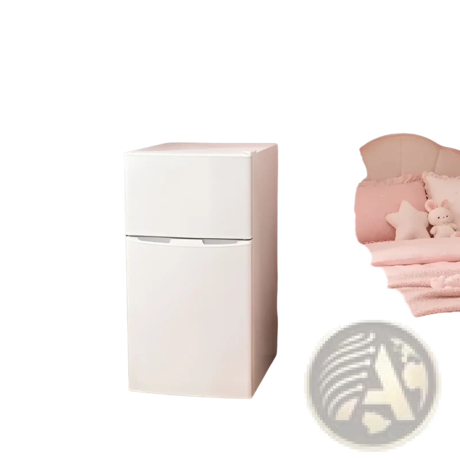 White two-door compact mini fridge with freezer and adjustable shelves featuring a sleek minimalist design and smooth finish