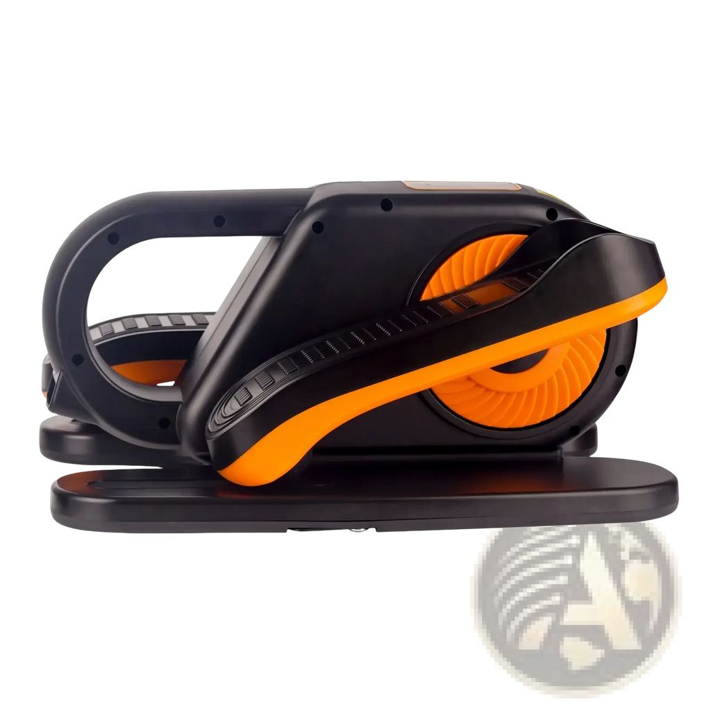 Compact under desk electric elliptical trainer in black and orange with textured grip handles and modern design